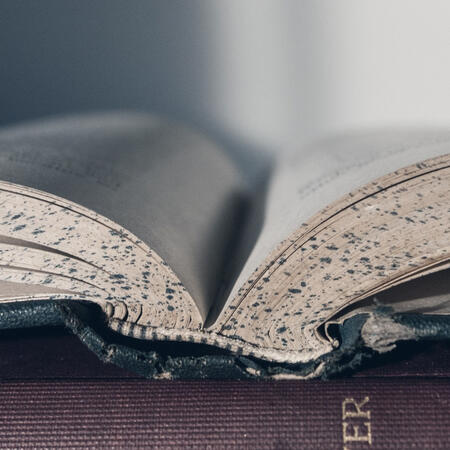 A book lying openfaced on top of another book.